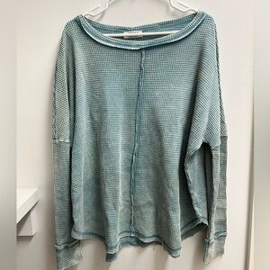 Zenana washed baby waffle oversized long sleeve top blue grey size s/m